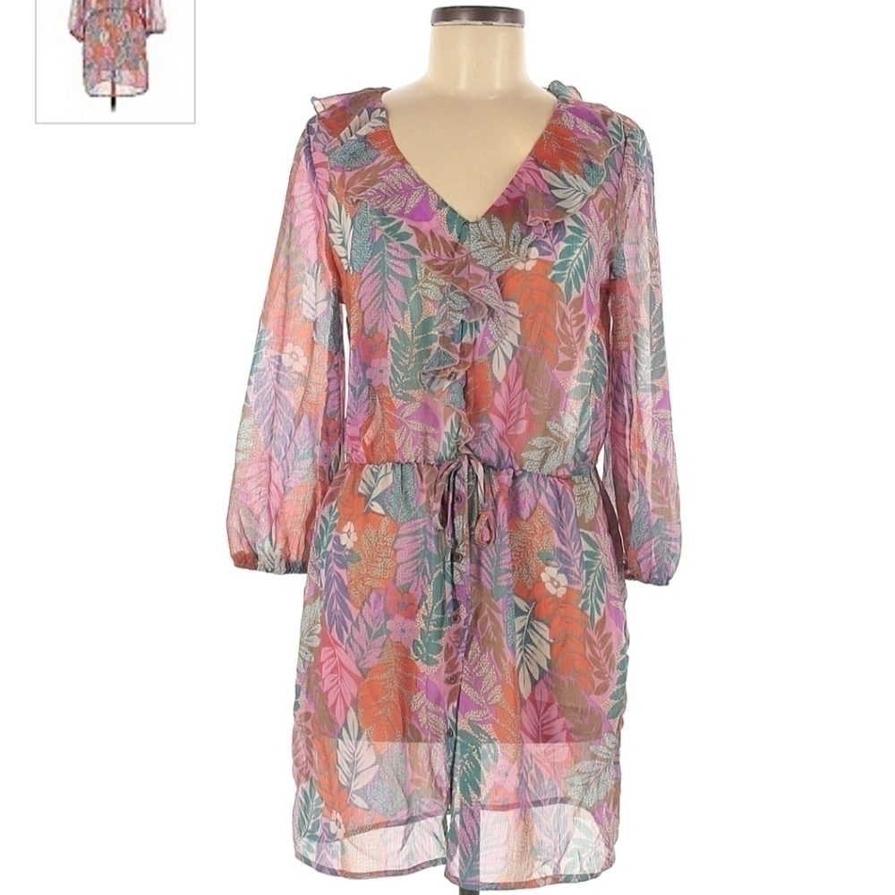 Mimi Chica Long Sleeve Floral Print Dress Sheer Lined Lightweight Women's Medium